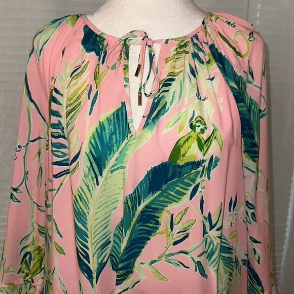 Lilly Pulitzer L Willa Pink Green Tropical Long Flounce Sleeve Front Tie Top - Picture 3 of 12